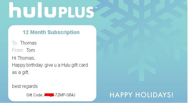 Hulu Plus $25 Gift Card / 12 Month Gift Subscription