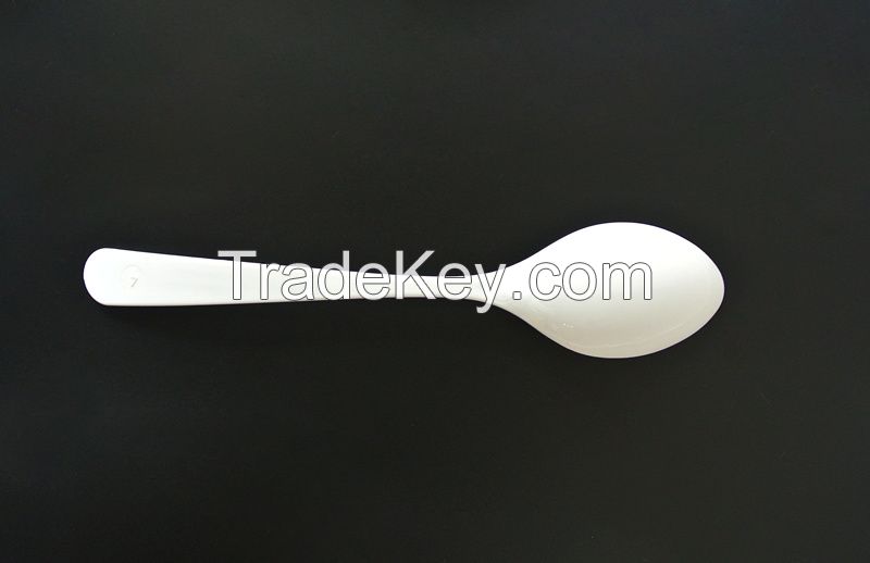 7" PLAware Soupoon, biodegradable, eco-friendly, disposable, sustainable cutlery manufactured by Suzhou industrial park US Biopolymers Corp (Chinese name DELIAN)