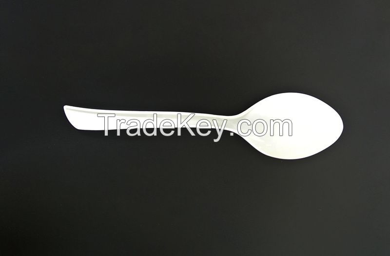 6" PLAware Spoon, biodegradable, eco-friendly, disposable, sustainable cutlery manufactured by Suzhou industrial park US Biopolymers Corp (Chinese name DELIAN)