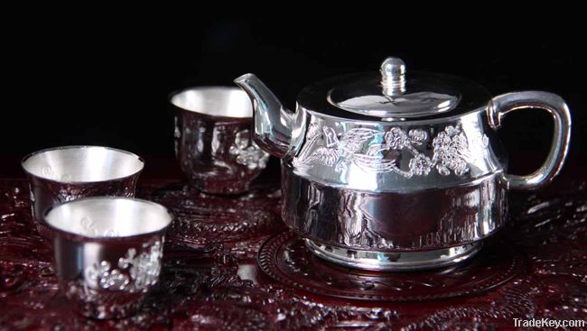 Pure silver 990 Chinese folk tea set