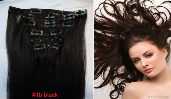 15"Lx32" 7 pcs Clips-on Human Hair Extensions wigs #1B, 7â0g Black