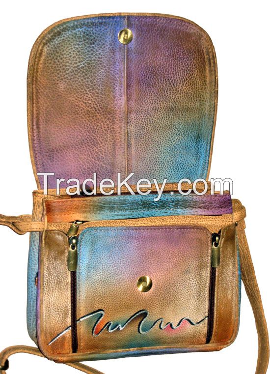 Hand Painted Leather Organizer Handbag Shoulder Bag