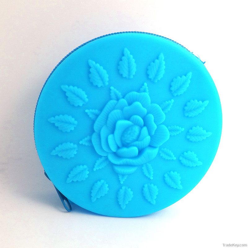 silicone coin purse with zipper and vivid embossed rose poping out