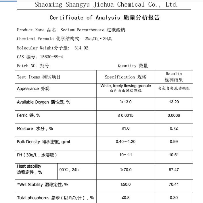 Coated Sodium Percabonate 2NA2CO3.3H2O2   SPC   CAS No.: 15630-89-4