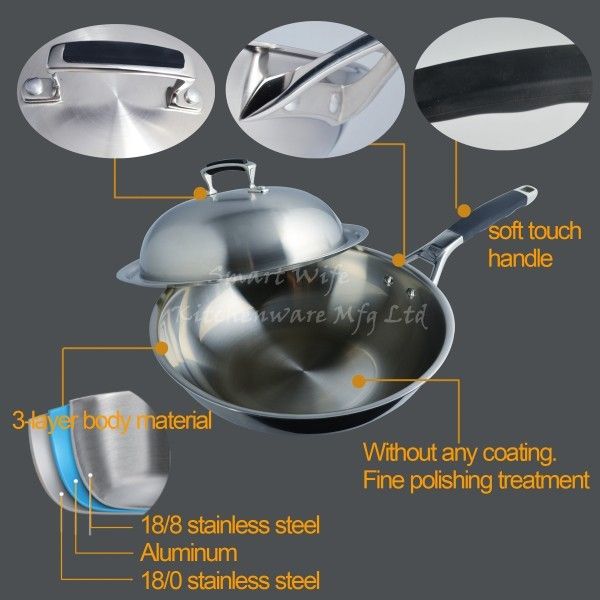 3 layers stainless steel Chinese cookware wok pan