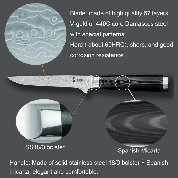440C steel damascus boning knife with micarta handle