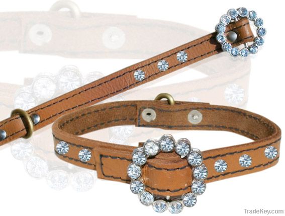 LEATHER DOG COLLAR WITH  RHINESTONE BUCKLE