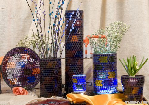 Handmade mosaic glass vase and candle holder and plate in sea color
