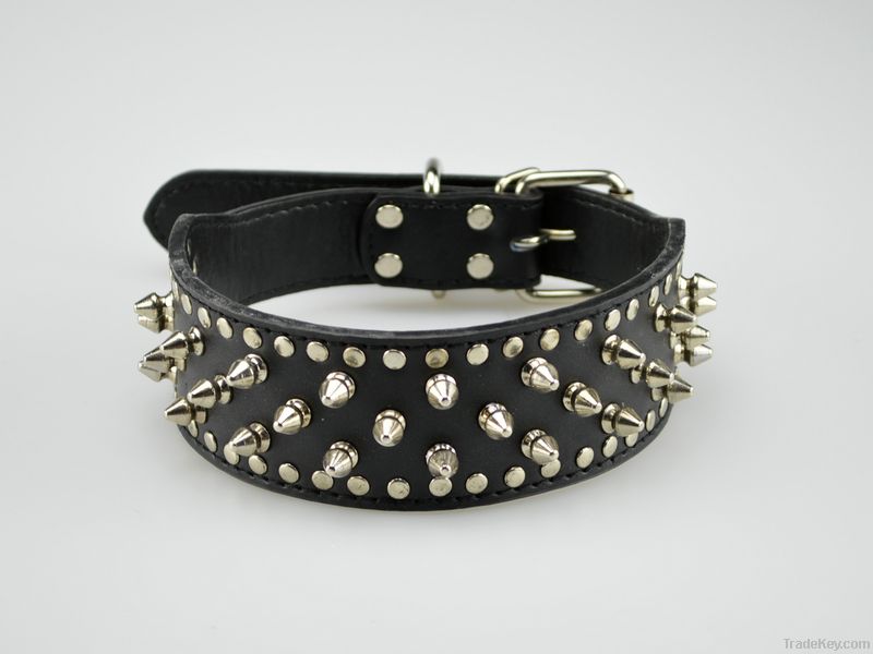 Stud and spike black leather dog colalrs for rodeo