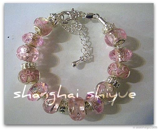 European style charm bracelet Pink Glass