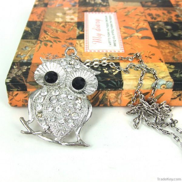 rhinestone owl pendant necklace