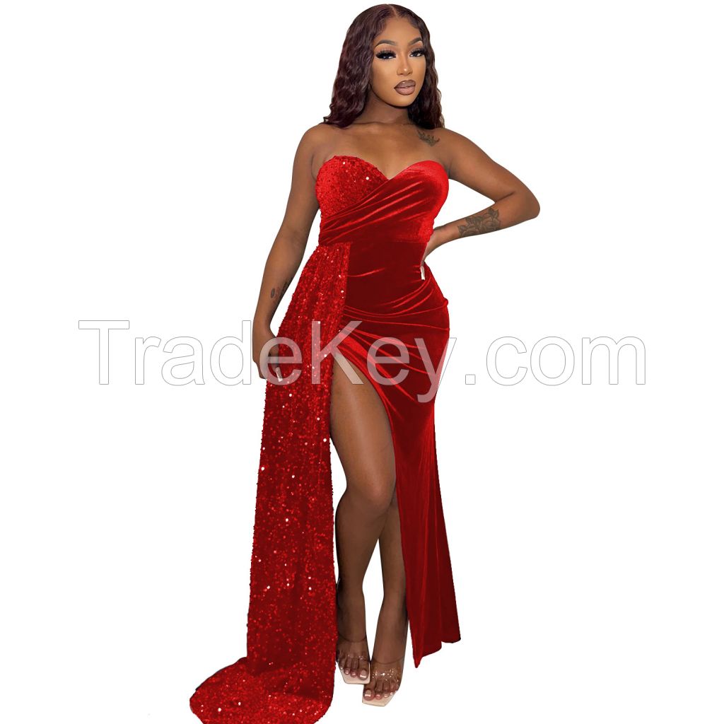 Autumn Winter Women Clothing Sexy Nightclub Party Sequin Swing Stitching Chest Wrapped Dress