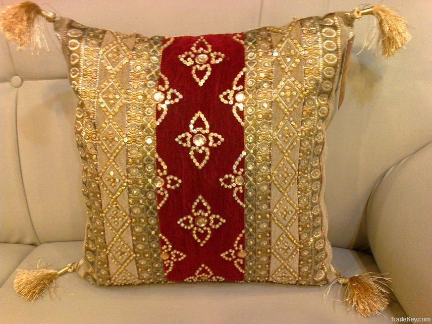 CUSHION COVER HANDMADE EMBROIDERED SEQUENCE BEADED WORK HOME TEXTILE