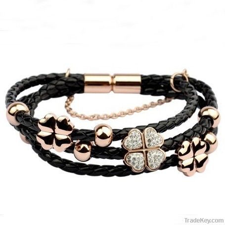 Trendy rose gold plated wrap leather bracelet