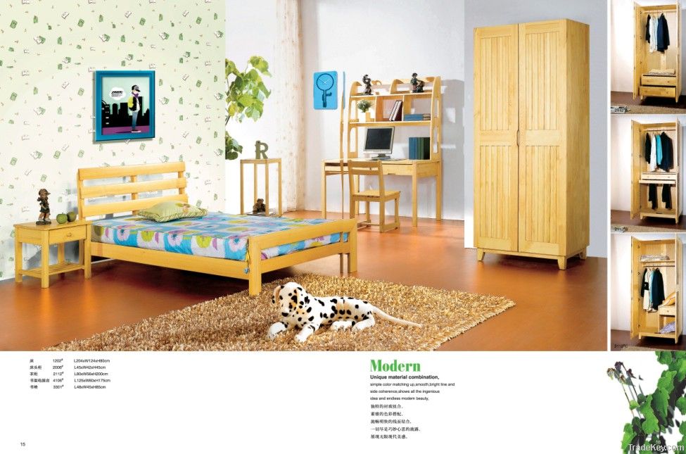 Pine kids children furniture bedroom set bed wardrobe solid wood OEM