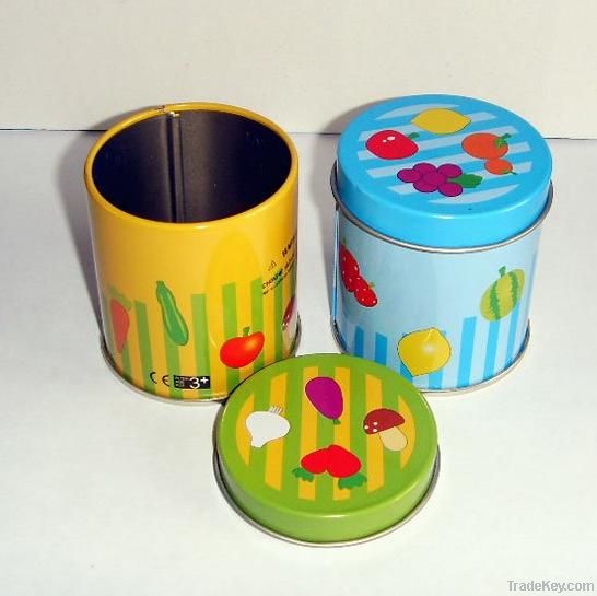 round candy tin box with colourful printing