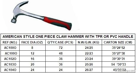 american style one piece  claw hammer with tpr handle