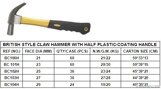 british style claw hammer with half plastic coated  handle