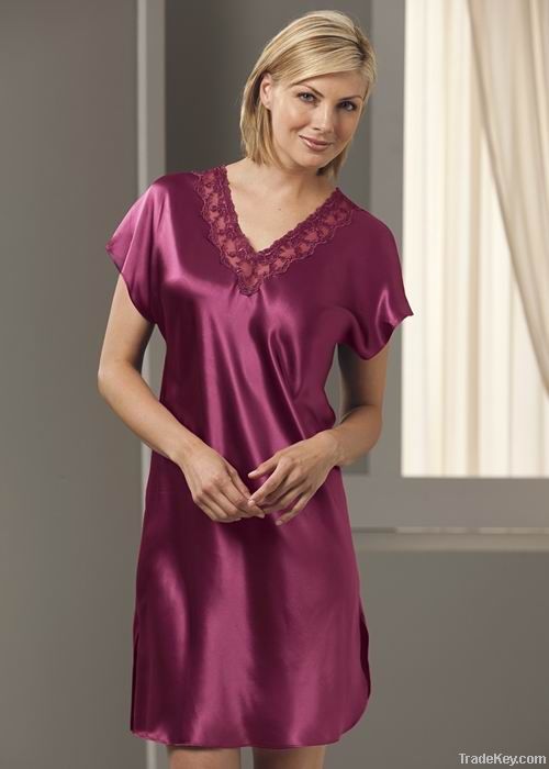 V neck Women Silk Nightgown with lace short sleeves classic silk sleep –  DIANASILK