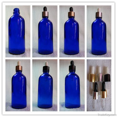 Blue Glass Bottles  With Bulb Glass Dropper With Aluminum Collar