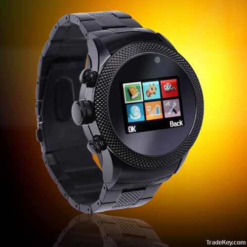 Black stainless steel watch mobile phone MP3 camera