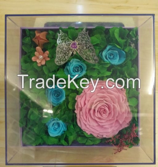 Square glass cover preserved flower gift box