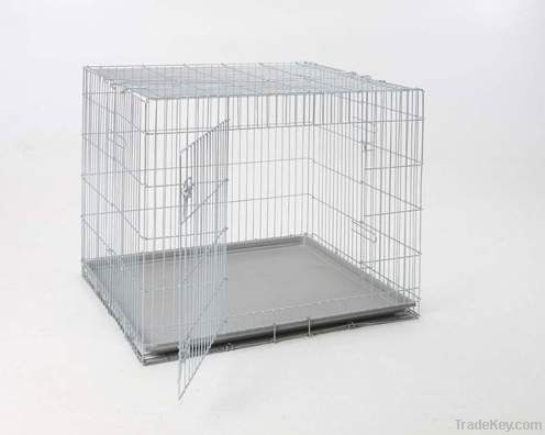 Folding dog cage with plastic tray