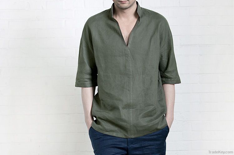 2011 man's latest V-neck linen army green casual shirt