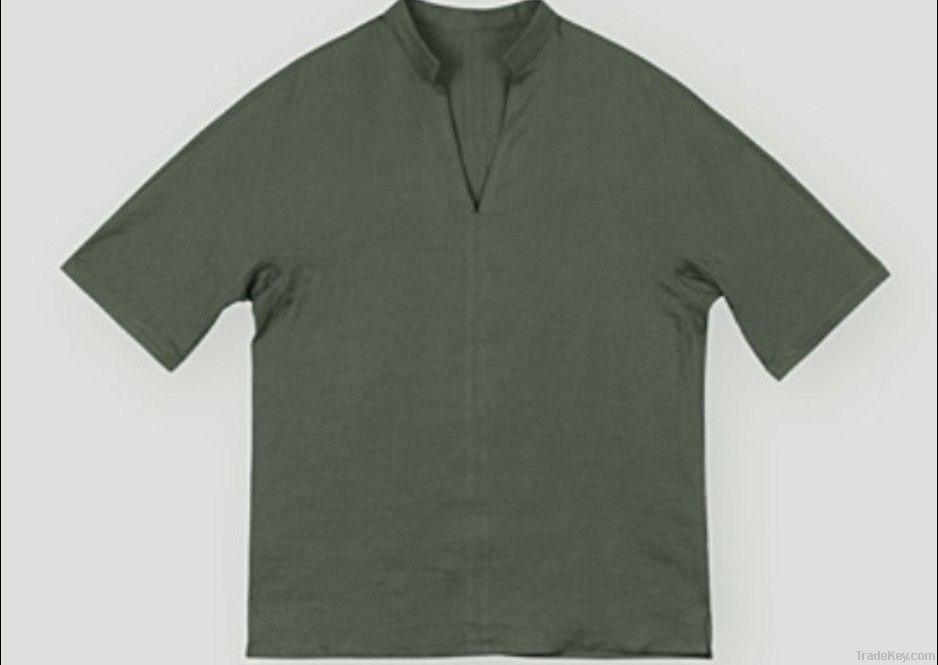 2011 man's latest V-neck linen army green casual shirt