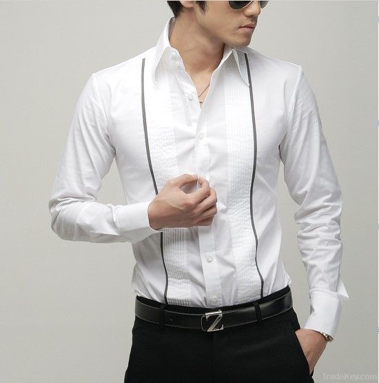 man's CVC pointed collar slim fit white tuxedo dress shirt