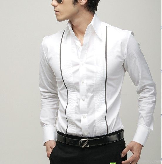 man's CVC pointed collar slim fit white tuxedo dress shirt