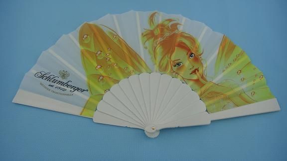 plastic hand fan with fabric allover printing