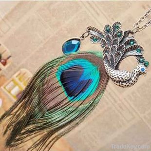 Vintage Alloy Crystal Peacock Feather Pendent Fashion gold necklace