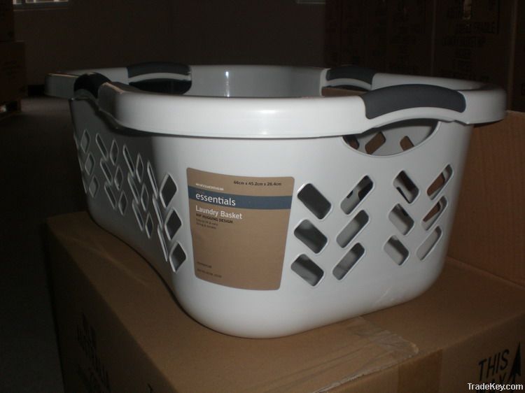 plastic laundry basket, washing basket.