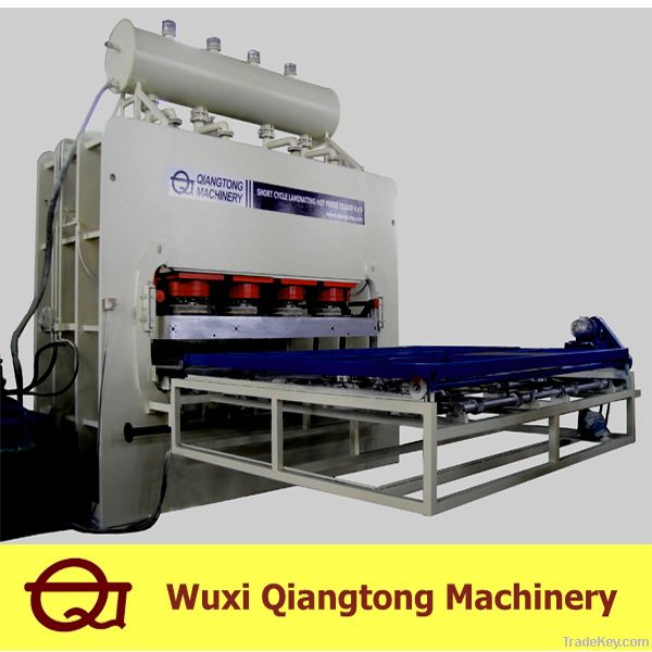 Hot press machine for laminating boards