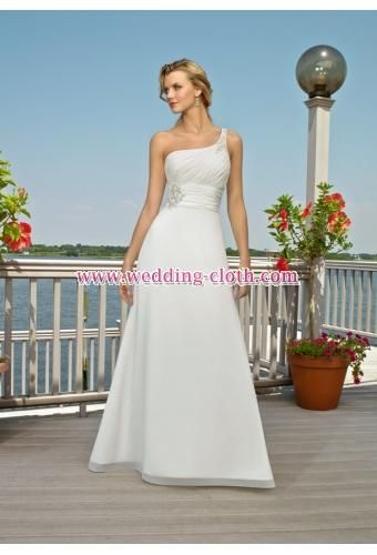 Slim A-line One-shoulder Chiffon Empire Waist Beach Wedding Dresses