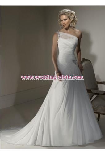 Beaded One-shoulder Tulle Layer Chapel Train Wedding Dress