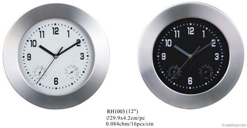 Aluminium wall clock with thermometer and hygrometer