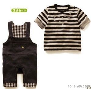 2012 fashion new children stripe tops&overalls kids clothing set