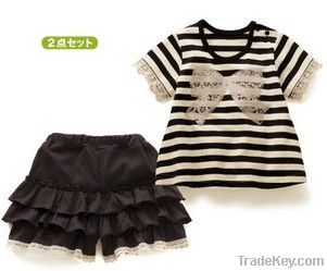 2012 fashion new children stripe tops&overalls kids clothing set