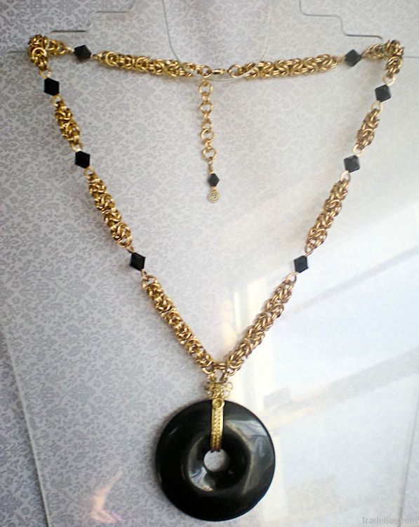 Black Beauty Solid Brass Byzantine Chainmaille Weave Necklace