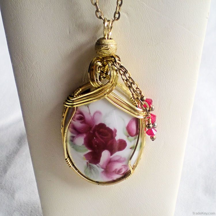 Romantic Roses Porcelain Cameo Pendant Necklace