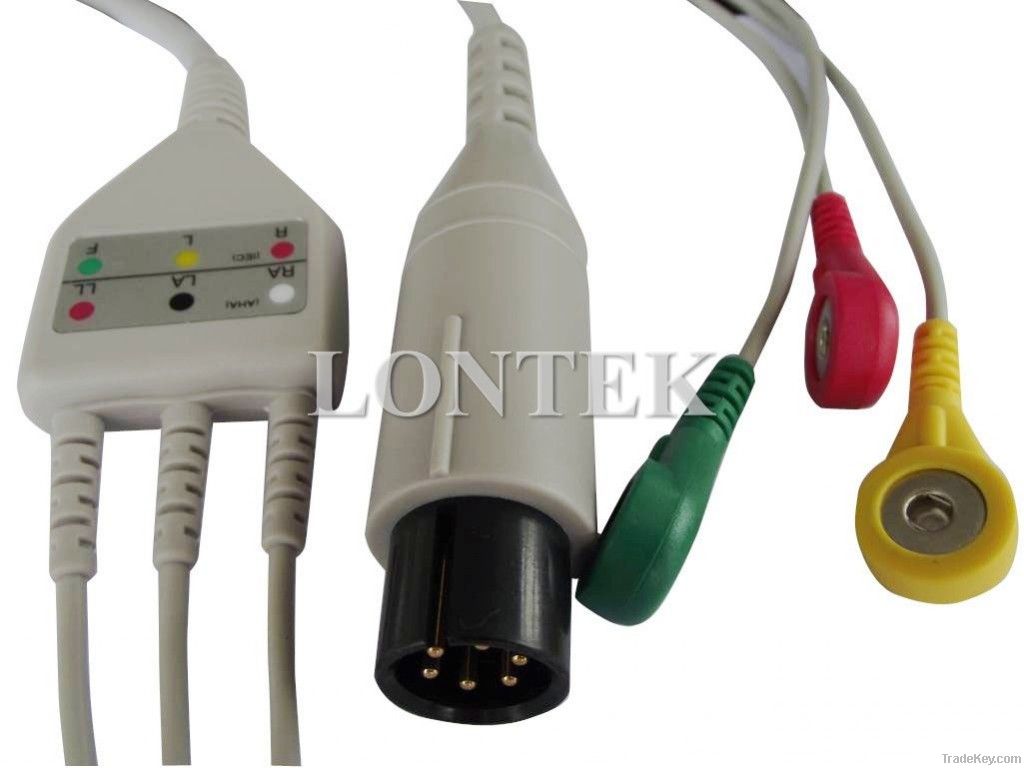 One piece series patient ECG cable, snap, 3 lead, IEC, Sanp