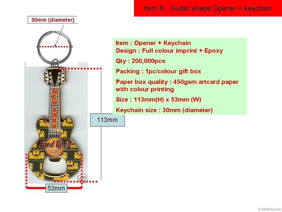 guitar shape opener +keychain, promotional gift, keyring