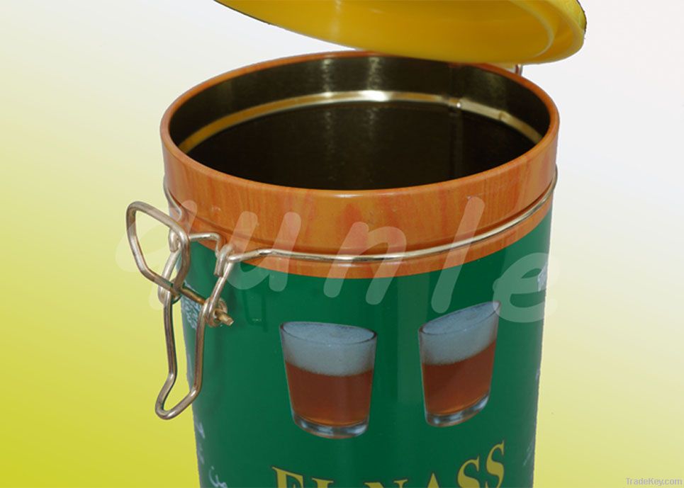 round tea tin box with hinged lid