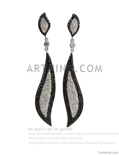 diamante black & clear leaf stud earrings