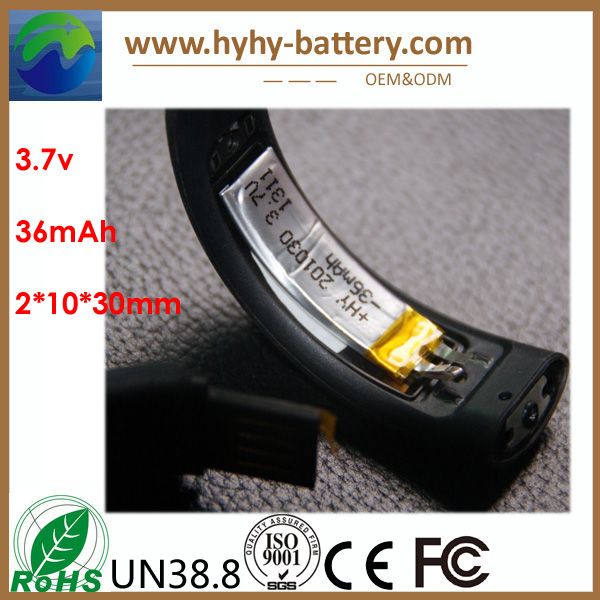 Curved battery, curved lithium battery 3.7v 36mah rechargeable for iwatch, bracelet watch