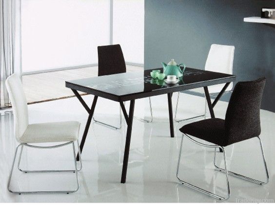 BEST SELL morden black glass dining table power coated metal legs