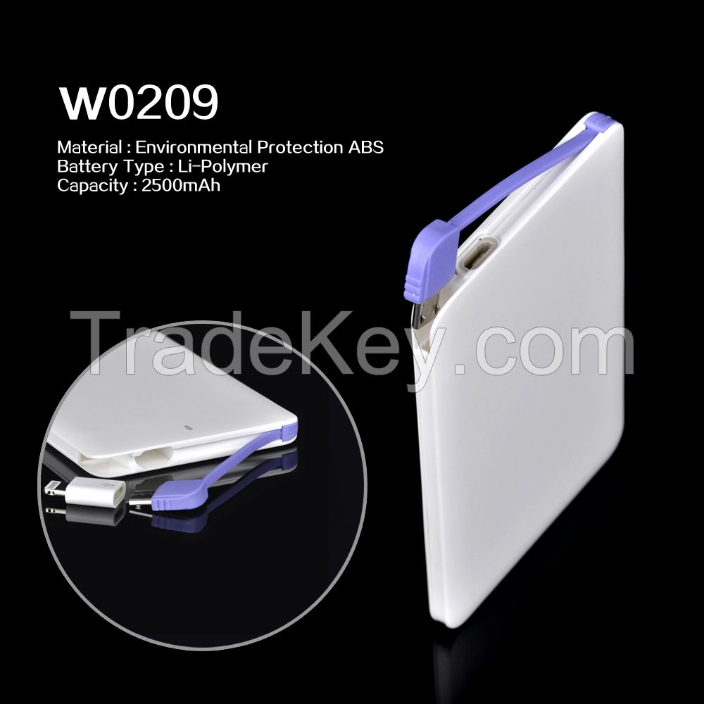 Ultra-thin card power bank with built-in USB cable,compatible for iphone 5