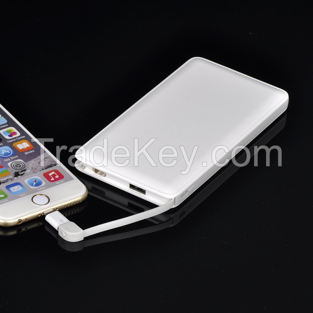 10000mAh ultra-thin power bank, 2A input and output,built-in cable